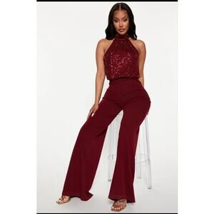 NWT Fashion Nova “Here To Shine” Sequin Jumpsuit XS Burgundy Halter Wide Leg